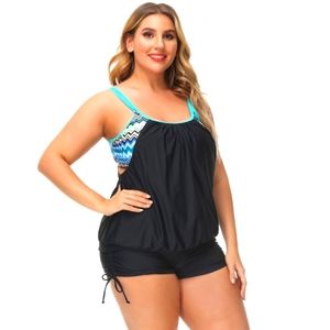Plus Size Black Tankini Swim Top with Blue Accent-Swim Top Only